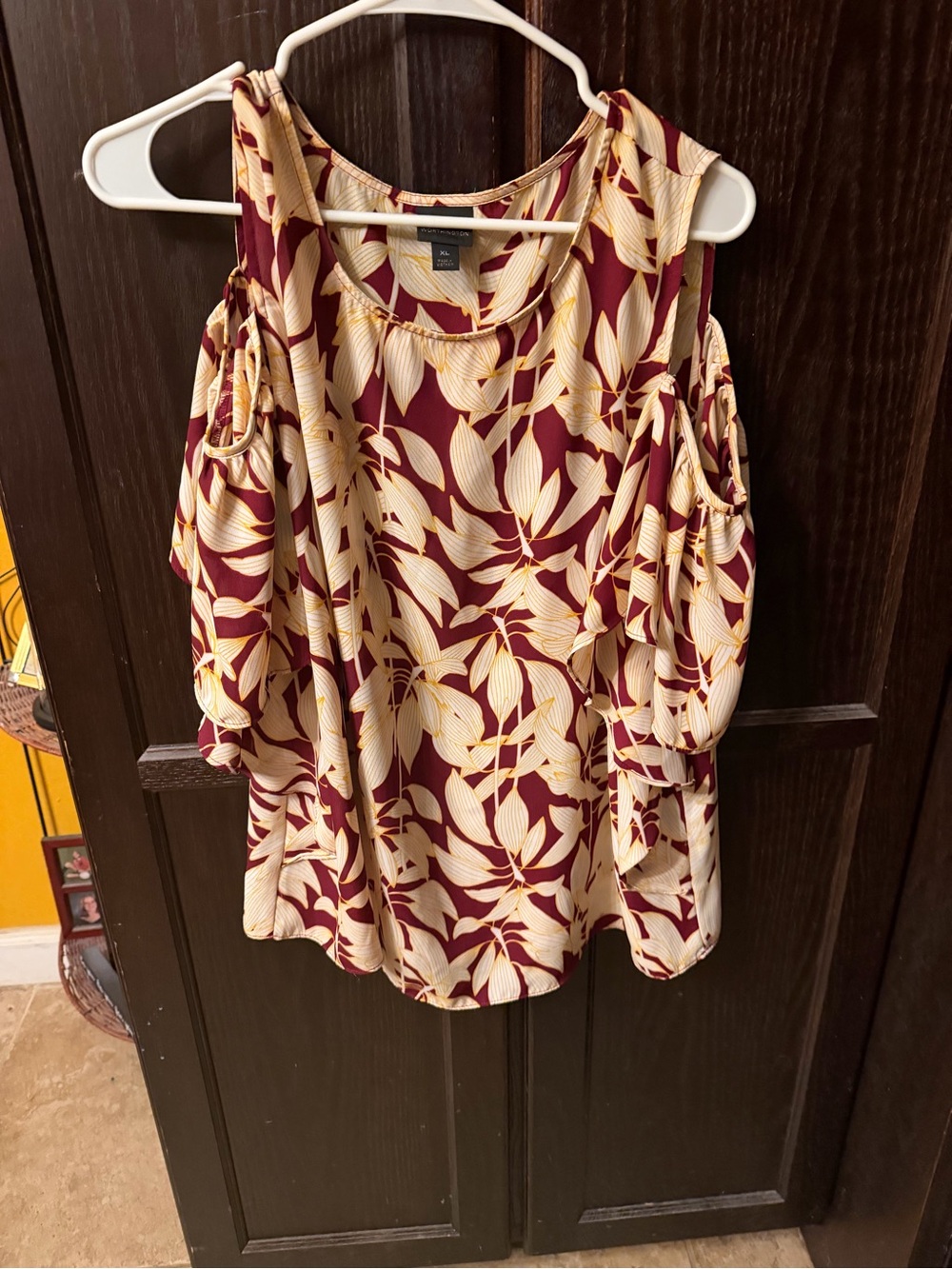Worthington Burgundy and Cream Cold-Shoulder Floral Blouse